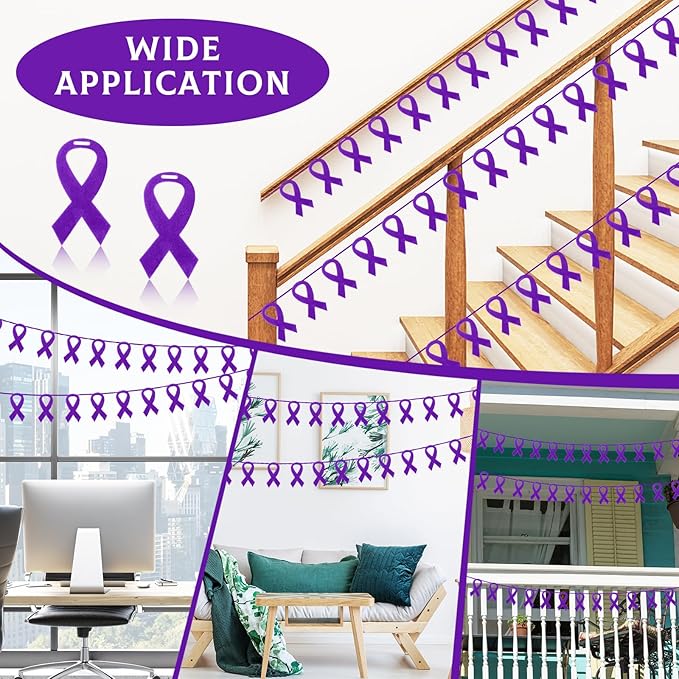VitalCozy 10 Pcs Ribbon Awareness Banner 13.1 ft Ribbon Garland Cancer Awareness Decor Cancer Free Decorations for Society Events Groups Fundraisers Party Supplies(Purple)
