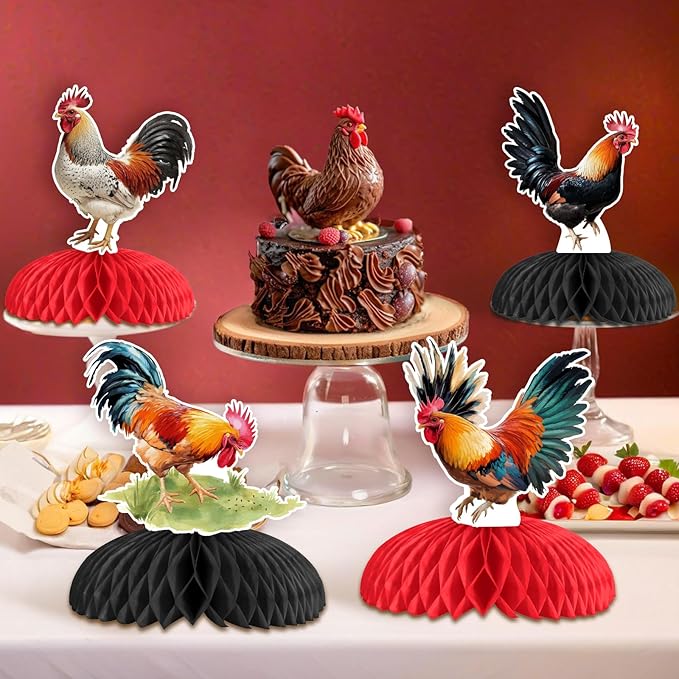 JOYMEMO 8 Pieces Rooster Honeycomb Centerpieces for Tables - Chicken Farm Theme Birthday Decorations, Chick Backyard Table Toppers for Rooster Party Supplies