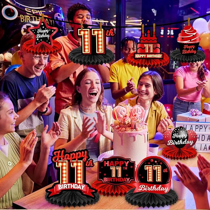 Happy 11th Birthday Red and Black Table Honeycomb Centerpieces Balloons Theme Decor Table Decorations Table Toppers for Girls Women Princess 11 Years Old Birthday Party Bday Supplies Background Gold