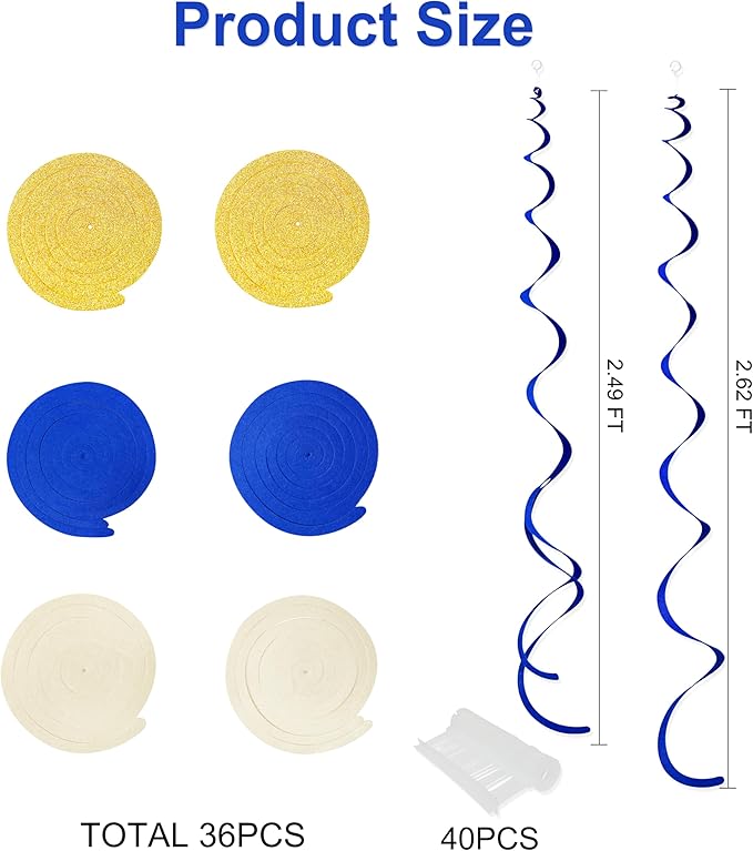 36 Pcs Blue Gold Hanging Swirl Decorations Royal Blue Glitter Gold Beige Felt Swirl Streamer Spiral Ceiling Garland for Birthday Graduation Wedding Baby Shower Retirement Nautical Ahoy Achor Party