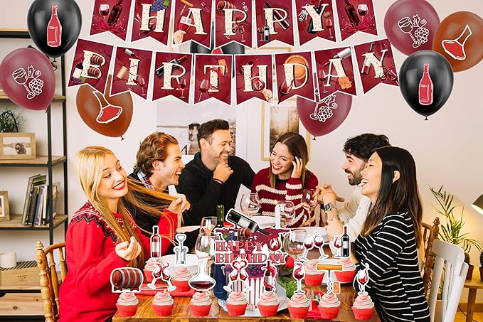 Red Wine Party Decorations Birthday Decorations Includes Red Wine Happy Birthday Banner Cake Topper Cupcake Toppers Balloons for Wine Party Supplies Men Women Birthday Party