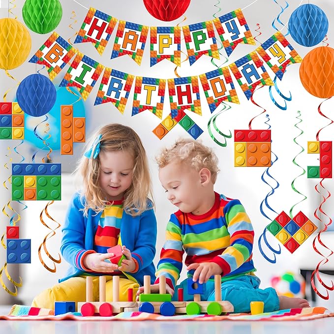 Building Block Birthday Party Decorations Brick Themed Happy Birthday Banner Colorful Block Hanging Swirls Honeycomb Balls Circle Dots Garland for Colorful Brick Pre-strung Birthdays Party Decor