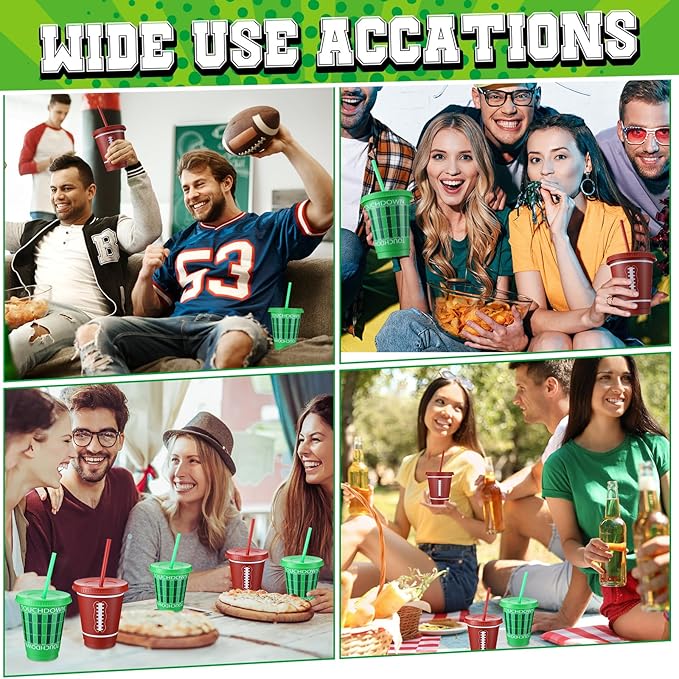 Sieral 30 Pcs Football Cups with Straws and Lids 16 oz Football Cups Brown Green Plastic Tumblers Reusable Iced Coffee Travel Mug for Sport Theme Party Supplies Decorations