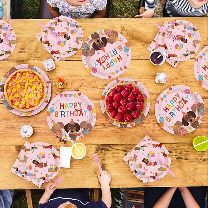 96Pcs Dachshund Dog Birthday Party Decoration Pink Wiener Dog Puppy Plates and Napkins Cartoon Puppy Pet Themed Disposable Paper Tableware Set for Kids Birthday Party Supplies Serves 24