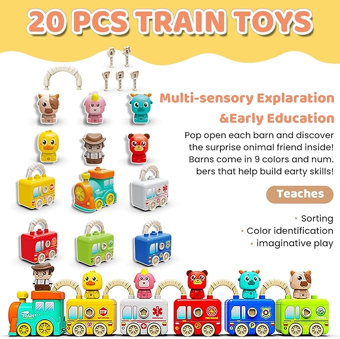 Montessori Train Toys for 2 3 4 Year Olds - Toddler Learning Train Set with Lights & Sounds, 6 Vehicle Transport, Lock & Key Activity, Farm Animal Finger Puppets, Easter Birthday Gift for Boys Girls