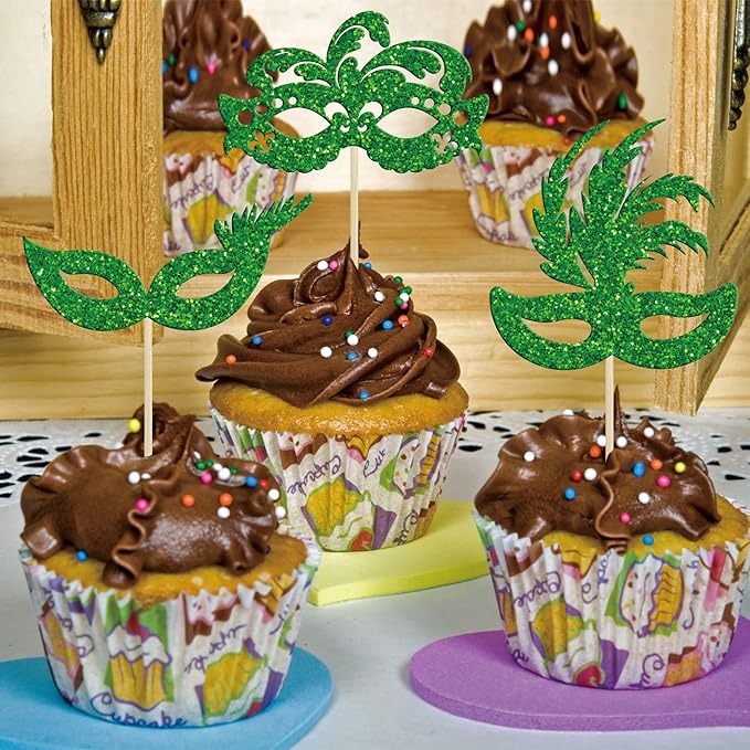 Gyufise 24Pcs Masquerade Masks Cupcake Toppers Green Glitter Bachelorette Party Mask Cupcake Food Fruit Picks Masquerade Mardi Gras Party Baby Shower Birthday Party Cake Decorations