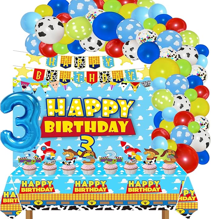 Cartoon Story 3rd Birthday Party Supplies Blue Clouds Backdrop Balloons Tablecloth Cupcake Toppers Banner Cartoon Story Birthday Decorations for Boys 3rd Bday
