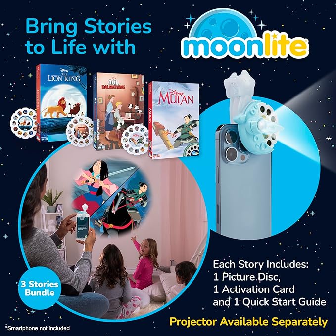 Moonlite Storytime 3-Story Bundle, Requires Moonlite Projector (Sold Separately), The Lion King, 101 Dalmatians & Mulan, Vibrant Storybook Art Projections with Sound Effects & Music