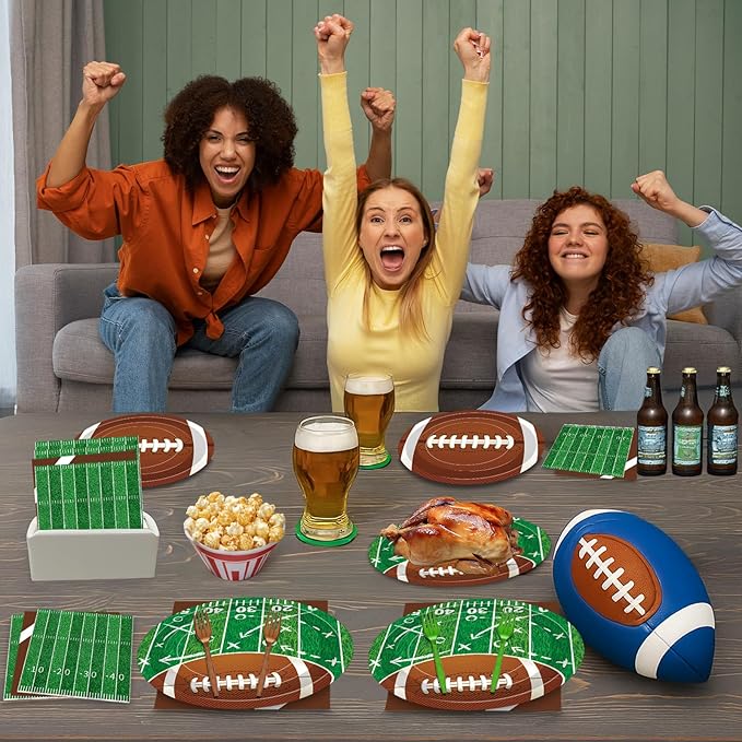 100 Pcs Football Party Supplies Set, Serves 25 – Disposable Football and Field Design Paper Plates, Napkins, and Forks, Game Day Tailgate Themed Tableware for Sports Birthday and Team Decorations