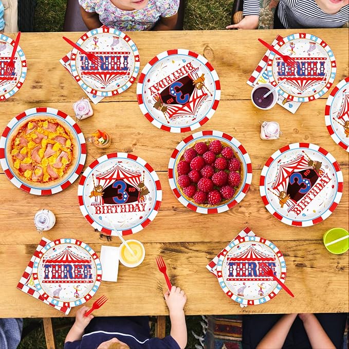 96Pcs Carnival 3rd Birthday Party Decorations Christmas Carnival Circus Third Birthday Plates and Napkins Tableware Sets Circus Theme Decoration for Kids Baby Shower Three Years Old Supplies Serves 24