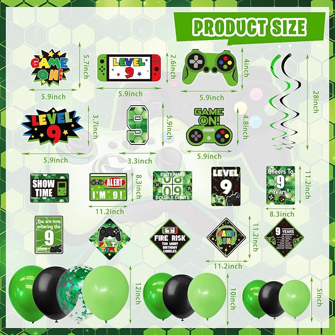 9th Birthday Decorations for Boys, 148Pcs Green Video Game level 9 Party Supplies for Boy 9th Birthday - Backdrop, Banner, Balloons, Tablecloth, Centerpieces, Hanging Swirl, Hat, Wall Signs