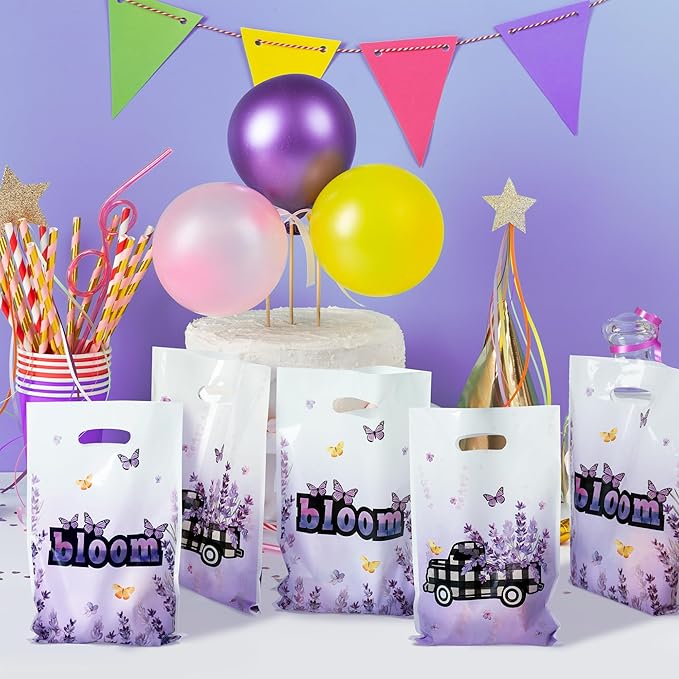 50Pcs Lavender Bloom Party Favor Bags - Blossom Purple Flower Plastic Waterproof Goodie Bag Butterfly Floral Spring Gift Party Favor for Kids Birthday Baby Shower Decoration Supplies