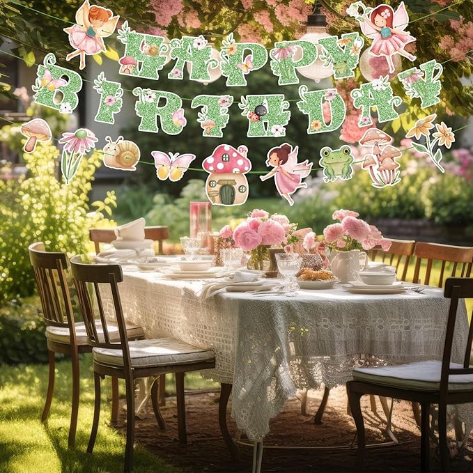 3 Pcs Fairy Birthday Party Decorations Green Glitter Happy Birthday Banner Colorful Hanging Decor Funny Banner Cutout Garland for Themed Decorations Bridal Shower Garden Party Supplies