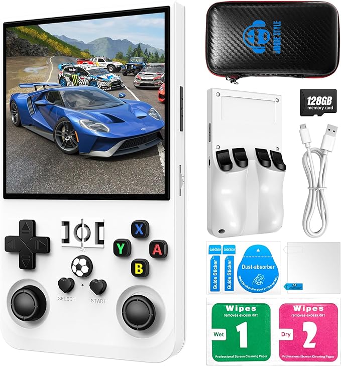 R36MAX Retro Handheld Game Console, 4.0-Inch IPS Display, 720x720 Resolution, Linux System, 64GB Support 18,000+ Classic Games, 4000mah Battery, with Portable Case(White 128GB)