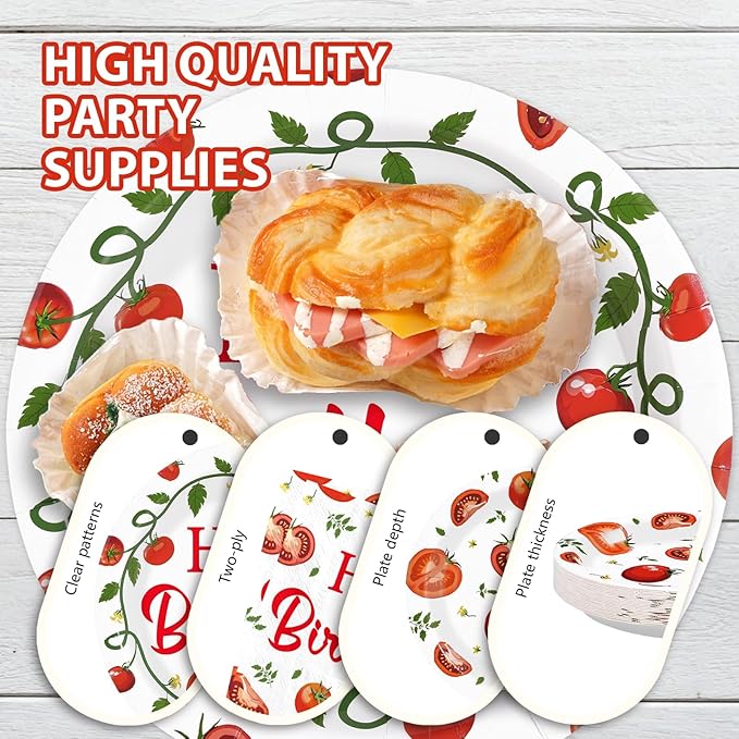 96Pcs Funny Tomato Birthday Party Decorations Red and Green Fresh Plates and Napkins Tomato Decor Tableware Favors for Baby Shower Boys Girls Happy Birthday Party Supplies Serves 24