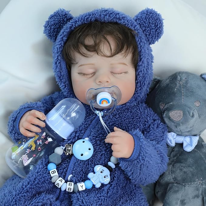 SCOM Reborn Baby Doll Accessories Set - Rainbow Transparent Magnetic Pacifiers & Removable Reusable Baby Doll Bottles with Silicone Pacifier Clips for Reborn Dolls Girls, Blue Style, 3 Pcs