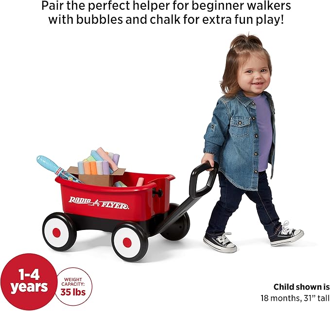 Radio Flyer Push & Pull Walker Wagon with Bubbles and Chalk, Red, for Kids 1-4 Years Old, Locking Handle for Stability, Baby Push Walker Converts to Pull Wagon, for Indoor & Outdoor Play