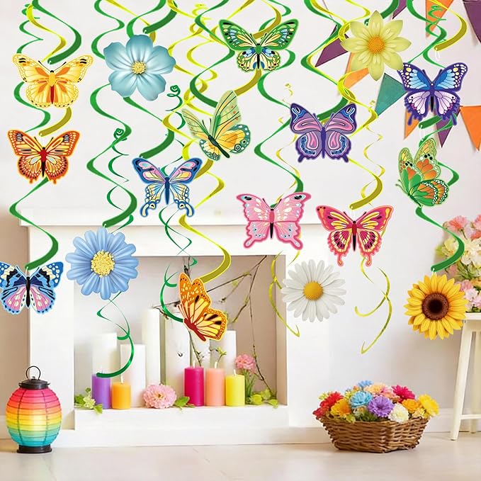 33pcs Spring Hanging Decorations for Home, Flower Butterfly Hanging Swirl Streamers for Spring Summer Easter Flower Butterfly Themed Birthday Party Classroom Decorations