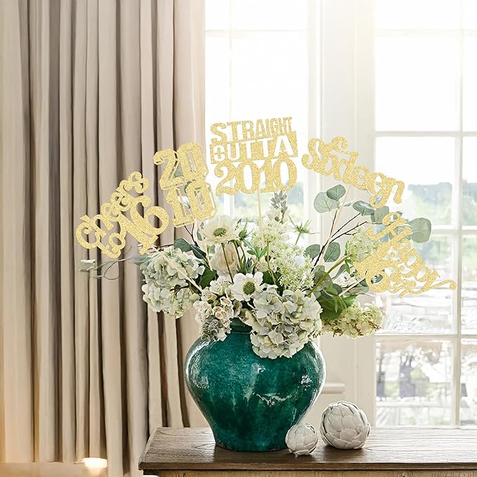 Gyufise 15Pcs Happy 16th Birthday Centerpiece Sticks Sixteen Straight Outta 2010 Table Flower Centerpieces Sticks for Cheers to 16th Birthday Party Supplies Gold