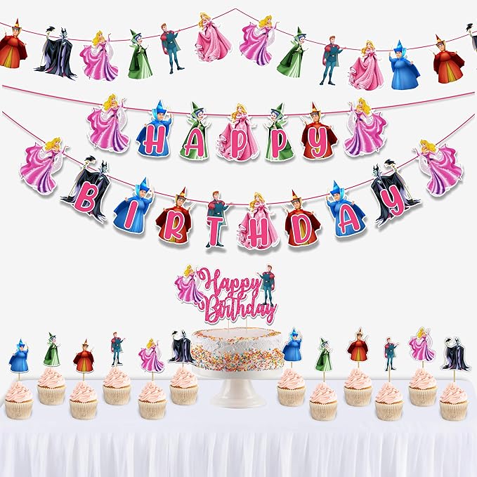 Sleepin Beauty Theme - Party Decorations, Princess Inspired Birthday Decor for Girls, Fairy Tale Castle Party Supplies, Pink Royal Birthday Banner, Cake Topper & Cupcake Decoration Set