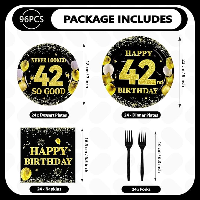 96Pcs 42nd Birthday Party Decorations 42 Never Looked So Good Gold Paper Plates and Napkins Tableware Set Black Gold 1983 Theme Decor for Men Women Cheers to 42 Years Old Party Supplies Serves 24