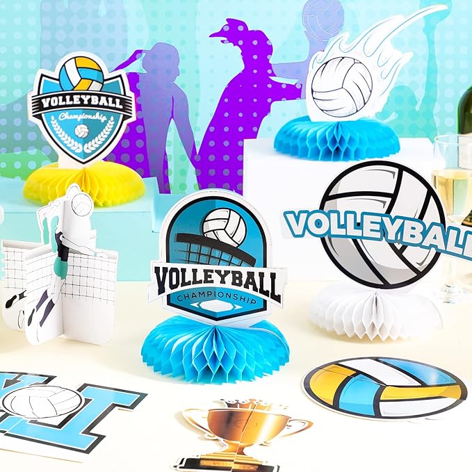 Harloon 12 Pieces Volleyball Party Decorations Volleyball Honeycomb Centerpieces Volleyball Tables Centerpieces Volleyball Party Favors for Birthday Party Sports Themed Party Decor