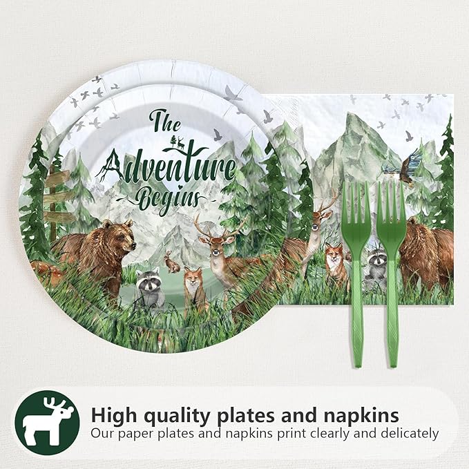 96Pcs Woodland Bridal Shower Decorations The Adventure Begins Plates and Napkins Forest Theme Tableware Set for Girls Women Woodland Bridal Shower Engagement Wedding Party Supplies Serves 24
