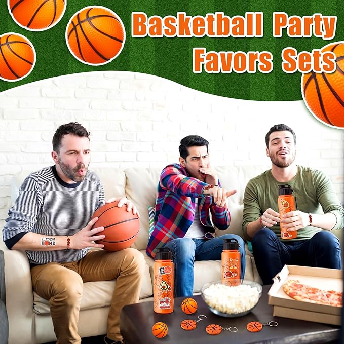 LemonRoad 164 Pcs Sports Party Favors Set 16 Plastic Cups 16 Charm Bracelets 16 Keychains 16 Mini Foam Stress Balls 100 Stickers for Sports Party Supplies (Basketball)
