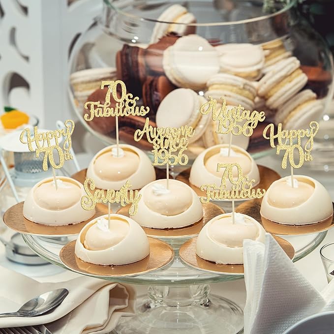 30Pcs Vintage 1955 Cupcake Toppers Glitter Seventy Happy 70th Birthday 70 Fabulous Cupcake Picks Cheers to 70 Years for 70th Birthday Wedding Anniversary Party Cake Decorations Supplies Gold