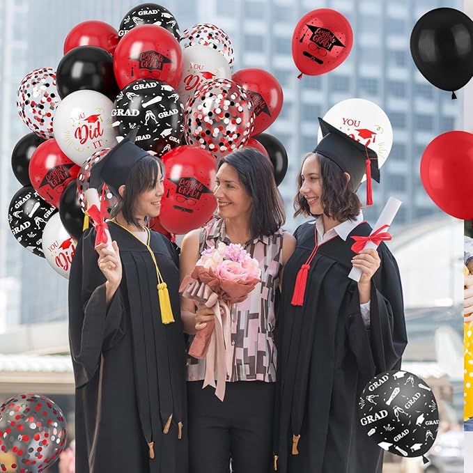 Graduation Party Decorations Balloons Set, 50PCS 12 Inch Black Red White Confetti Party Latex Balloon for Class Of 2025 Graduation Party Decoration Supplies