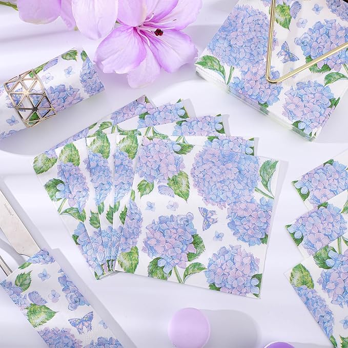 100 Pcs Hydrangea Napkins, Floral Cocktail Napkins Blue and Light Purple Hydrangea Flower Napkin Beverage Dessert Napkin for Bridal Baby Shower, Tea Party, Birthday