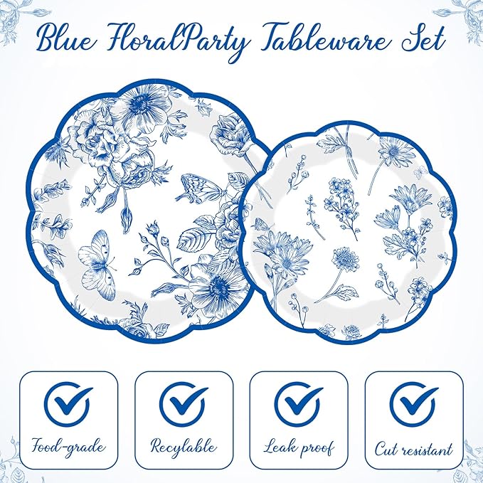 60 Pcs Blue White Floral Paper Plates 9 in and 7 in Disposable Butterfly Flower Party Plates Spring Elegant Dinner Dessert Tableware for Wedding Baby Shower Chinoiserie Table Decor Supplies