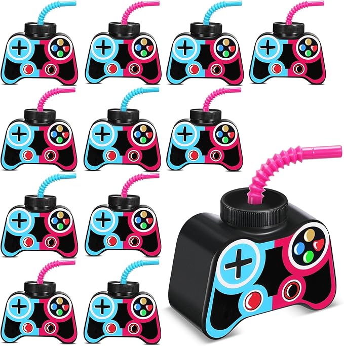 Mifoci 12 Pcs Plastic Video Game Party Cups with Straw and Lid 10oz Gamer Birthday Themed Drink Cups 7th Video Game Party Favors for Kids Toddlers Gamer Birthday Supplies (Blue and Rose Red)