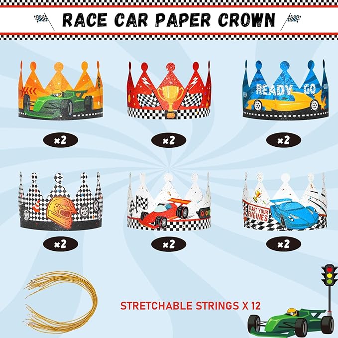 WERNNSAI Race Car Birthday Party Hats - 12PCS Birthday Party Supplies Crowns with Elastic Band Colorful Paper Party Crowns for Racing Theme Party Favors
