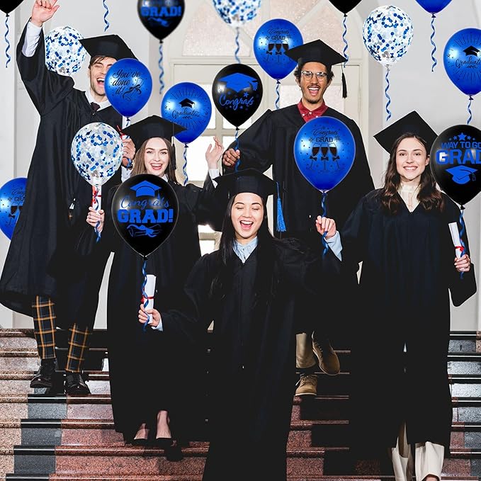 Whaline 60Pcs Graduation Party Balloon Set 7 Designs Confetti Latex Balloon with 2 Rolls Ribbon Grad Cap Congrats Grad Balloon for Graduation Party Decoration Supplies (Blue, Black)