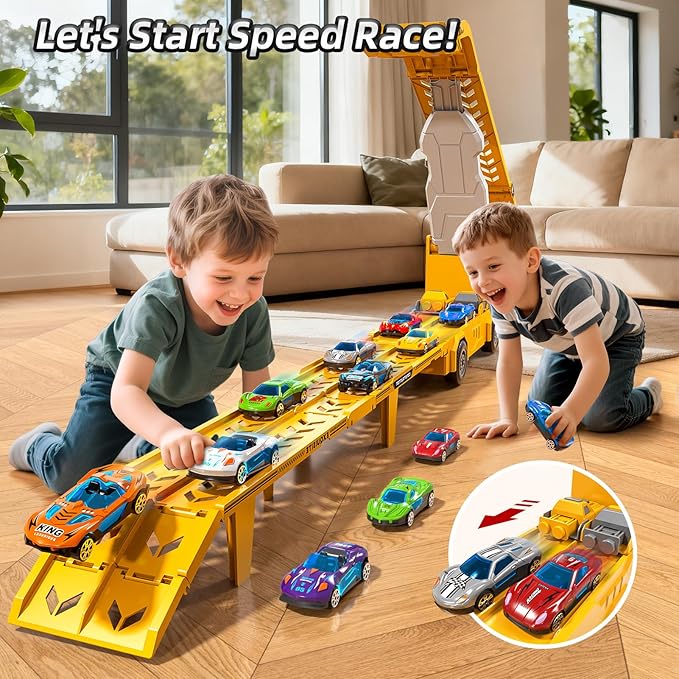 Truck Toys for Kids, Transport Vehicle with 12 Die-Cast Car, Double Race Car Track Cars Ramp Toy, Carrier Truck for Toddler 3-5, Christmas Birthday Gift for 3 4 5 6 7 8 Years Old Boys Girls