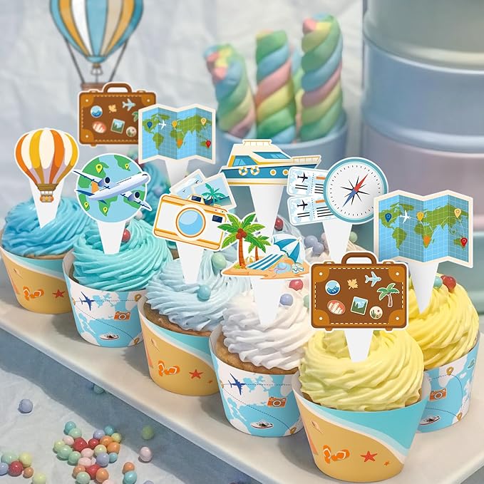 48 Pack Travel Cupcake Toppers and Wrappers, World Travel Party Cake Decoration for Adventure Travel Theme Birthday Party Baby Shower Supplies