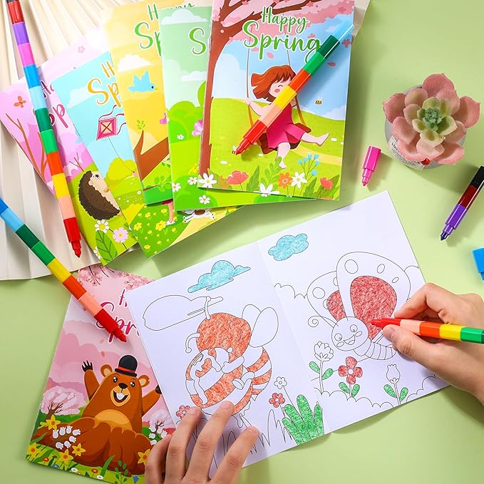BenLouis 12 Spring Mini Coloring Books Kids with 12 Stacking Crayons Easter Party Favors Small Activity Books Bulk for Kids Spring Butterfly Flower Bee Theme Party Gift Goodie Bag Stuffers