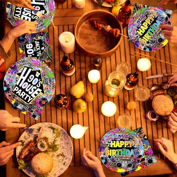 96 Pcs 90's House Party Supplies Disposable 90s Party Paper Plates and Napkins Retro Graffiti Wall Back To The 90' Tableware Set for Men Women 90s Birthday Hip Hop Party Decorations Serves 24