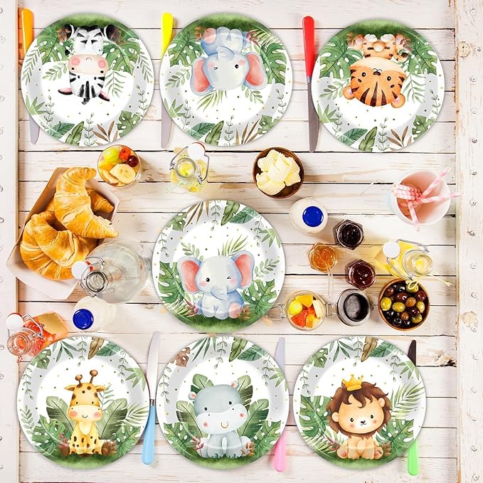 60Pcs Jungle Safari Plates Party Supplies Zoo Animal Paper Plates Safari Tableware Party Decorations for Birthday Baby Shower Woodland Animals Print Dinnerware Party Favors for 60 Guest
