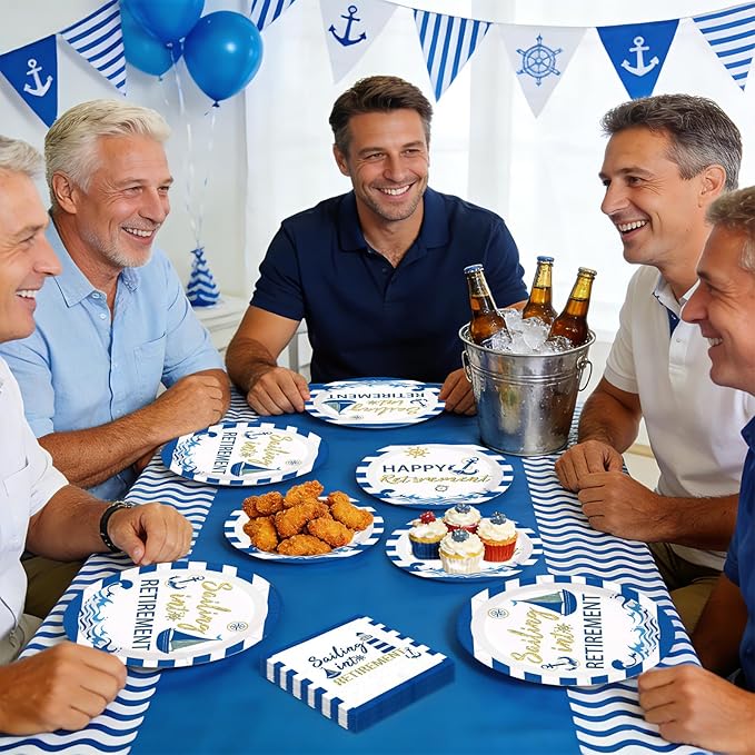96Pcs Nautical Retirement Decorations Sailing into Retirement Plates and Napkins Tableware Sets Navy Blue Gold Decorations for Sailor Men Retirement Theme Farewell Supplies Serves 24