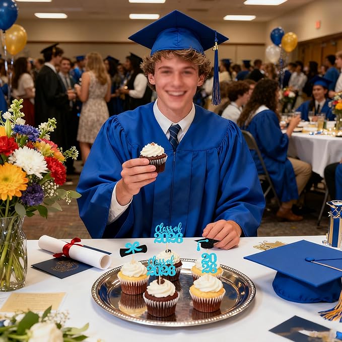 36 PCS 2026 Graduation Theme Cupcake Toppers Glitter Class of 2026 Graduation Cap Diploma Cupcake Picks 2026 Graduate Theme Party Cake Decorations Supplies Lake Blue