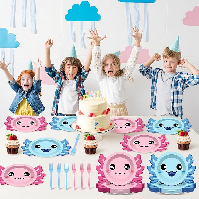80Pcs Axolotl Birthday Party Plates 7 Inch Dessert Plates and Forks Cartoon Axolotl Dinner Paper Plates Dinnerware for Kids Boys Girls Party Baby Shower Decorations Supplies Favors