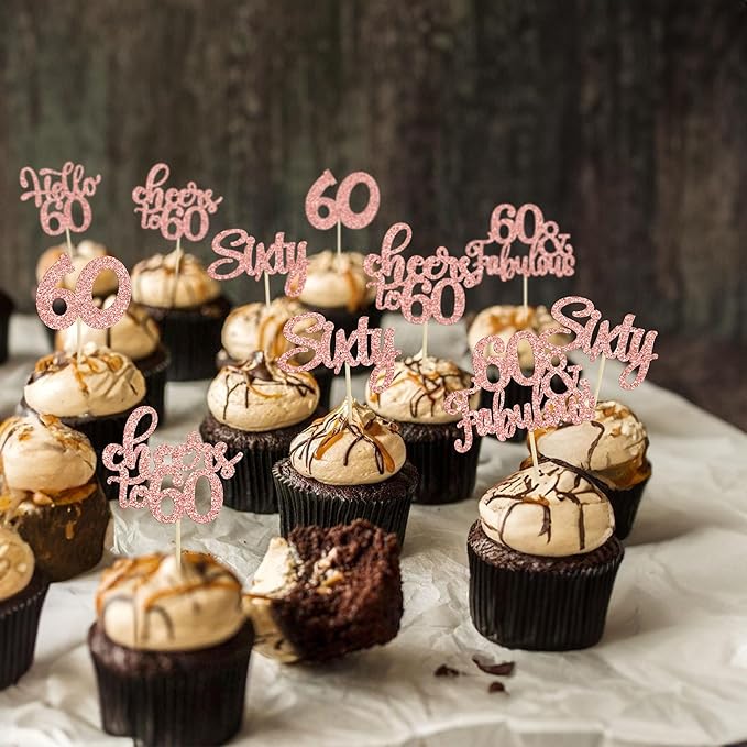 30Pcs Happy 60th Birthday Cupcake Toppers Rose Gold Glitter Sixty Cake Toppers Cheers to 60 Years Old Birthday Cupcake Picks for 60th Anniversary Party Cake Decorations Supplies