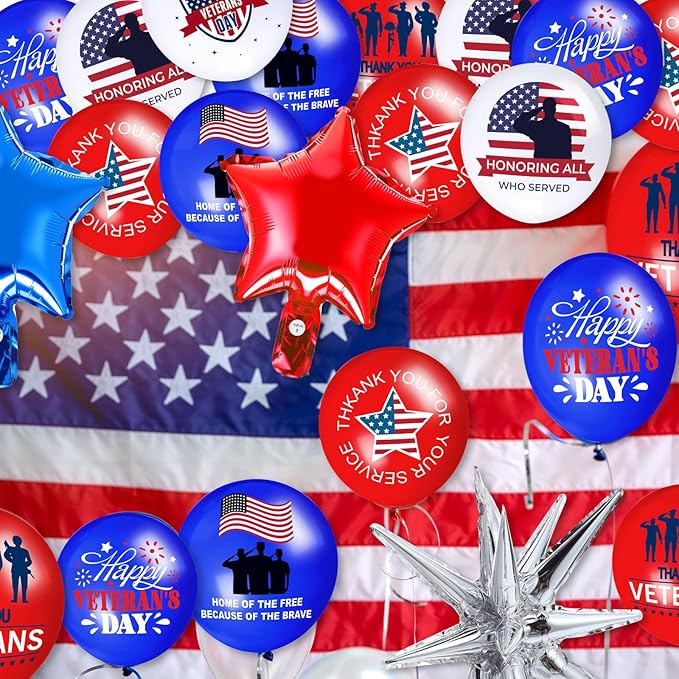 Hungdao Veterans Day Balloons Set 12 Inch American Blue Red White Balloon Thank You Veteran for Patriotic Independent Theme 4th of July Memorial Decorations Party Supplies(Veterans Day)