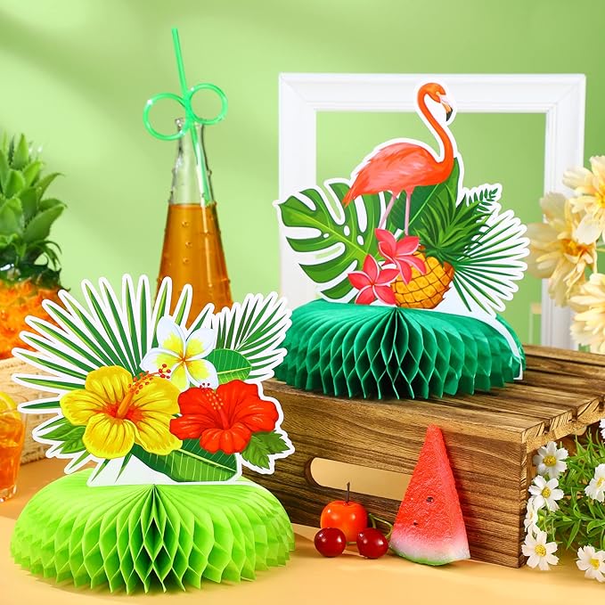 Honoson 9 Pcs Hawaiian Luau Aloha Party Decorations Summer Tropical Honeycomb Centerpieces Table Topper Flamingo Pineapple Palm Tree Table Centerpieces for Party Kids Birthday Beach Hawaii Supplies