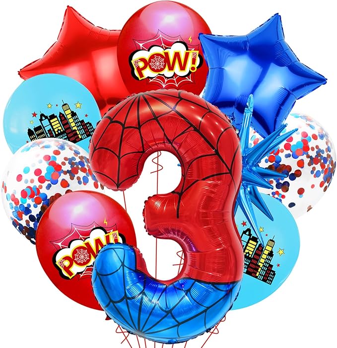 Spider Web Number 3 Balloon Birthday Decoration, Superhero Themed 40in Giant Mylar Number Party Supplies