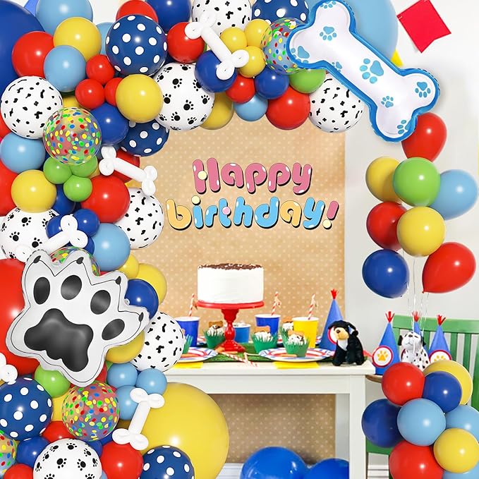 Amandir 155pcs Paw Balloons Garland Arch Kit with Dog Bone Paw Print Foil Balloons, Red Yellow Blue Green Paw Balloon for Boy Paw Themed Birthday Party Decorations Supplies
