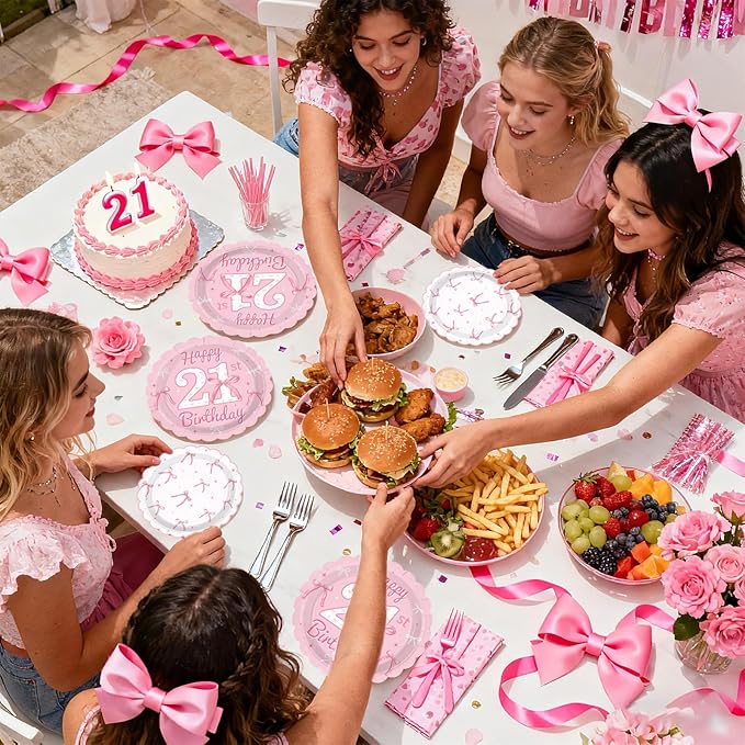 96Pcs Pink Bow Party Supplies Coquette 21th Birthday Party Plates and Napkins Disposable Bow Themed Tableware Set for Girl Happy 21th Birthday Baby Shower Decorations, Serves 24