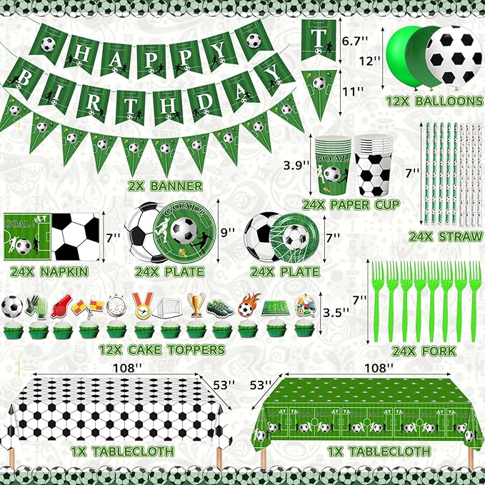 Soccer Party Plates Tableware Set Serves 24 Soccer Party Supplies Includes Banner Plates Cups Napkins Tablecloth for Soccer Sports Theme Birthday Supplies